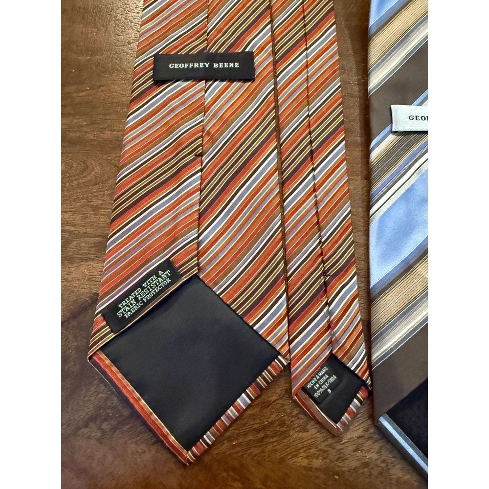 Set of THREE Geoffrey Beene 100% Silk Ties Diagonal Stripe Blue Brown Green Red
